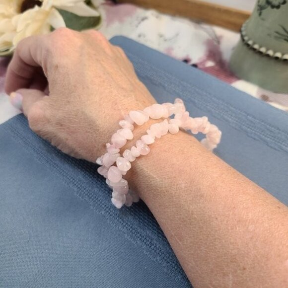 Rose Quartz Chip Bracelet | Natural Pink Crystal Stretch Boho Healing Jewelry - Picture 5 of 9